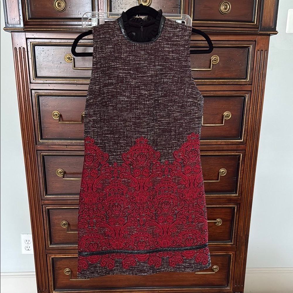 Gray and Red Mock Neck Sleeveless Sheath Mini Dress